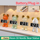 Resin Nordic Alarm Desktop Ornament for Bedroom Miniature Bear Clock Figurines Battery/Plug-in Use Handicraft Holiday