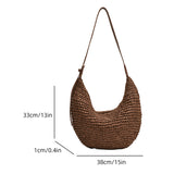 Women Straw Woven Half Moon Weaving Shoulder Bag Large Capacity Tote Clutch Bags Zipper Closure for Outdoor Travel