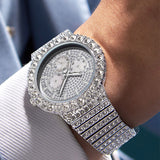 PINTIME Luxury Watch for Men Diamond Ice Out Quartz Wristwatch Stainless Steel Strap CZ Dial Waterproof 3br Casuals Reloj Hombre