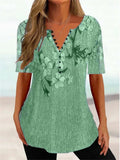 Summer Loose V-neck Short Sleeve Pleated Button Shirt For Women