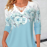 Women's V-neck Flower Print Long-sleeved T-shirt