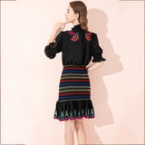 Embroidered Lace Wrapping Fungus Edge Elastic Waist Solid Color Dress