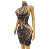 Sexy mesh sparkling diamond patterned dress with a slimming and hip wrapped short skirt, Latin dance training suit