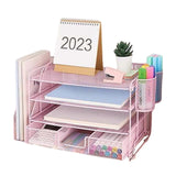 (Pink) 4-Tiered Tray Paper File Organizers with Magazine Rack Drawer and 2 Pen Cups Desktop Organizers and Accessories  Pink