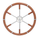Teak Wood Handle Boat Steering Wheel 6 Spoke 304 Stainless Steel Center Frame Replacement Yachts Steering Wheel for 5/8in Tapered Shaft Helms