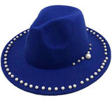 Women's Black Fedora Autumn and Winter Classic Panama Hat Pearl Wide Brim Fedora Hat