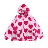 (L Pink) Women Winter Faux Fur Long Sleeve Hoodies for Jacket Harajuku Love Heart Full Print Zip Up Plush Coat Oversized Parkas  L Pink