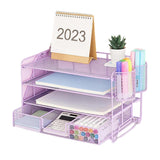 (Purple) 4-Tiered Letter Tray Metal with Magazine Stand Drawer Pen Cups Multifunction for Office Desk Organizers and Accessories  Purple
