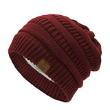 (Claret) Warm Winter Hat, Wool Knitted Plus Fleece Hat, Warm, Soft And Stretchy Knitted Hat, Leather Pink