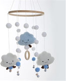 (blue) Crib Wind Chime & Felt Ball 3d Cloud Cot Decoration (grey)