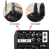 Wireless 4-channel Audio Mixer Portable Sound Mixing Console USB Interface MP3 Computer Input 48V Phantom Power Monitor for Home