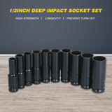 1/2Inch Drive Hex Impact Socket Set 10-Piece Deep Socket Metric Sizes 10-24mm Carbon Steel with Hard Storage Box