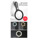 10X Handheld Magnifier Lighted Magnifying Glass Lens Large Diameter 88mm with Warm and Cool LED Light for Reading Lamp Magnifier