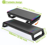 Monitor Stand Riser Foldable, RGB Computer Monitor Riser with 4Pcs USB Port, Foldable Monitor Stand with Drawer Storage