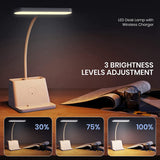 Desk Lamp With Wireless Charger, White Gooseneck Desktop Lamp, Study Lamps For Bedrooms -Desk Lights For Home Office