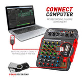 Professional Stereo 6 Channel 48V Audio Mixer DJ Consoler With Phantom, Bluetooth , USB To PC Record Playback