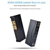 HDMI-Compatible KVM Switch 4 in 1 Out Monitors Updated Support HDR 4K@30Hz, Support Cascading for Quad Monitor-US Plug