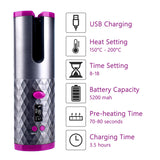 Cordless Auto Rotating Ceramic Hair Curler USB Rechargeable Curling Iron LED Display Temperature Adjustable Curling Wave Styer
