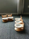 Pets Ceramic Double Bowl Dog Cat Food Water Feeder Stand Raised Ceramic Dish Bowl Wooden Dining Table Pet Supplies