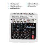 Muslady MIX-400 6-Channel Audio Mixer Mixing Console 3-Band EQ with Reverb Delay Effects +48V Phantom Power Wireless Connect