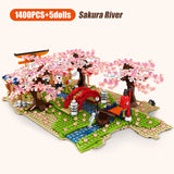 City Street View Sakura Inari Shrine Building Blocks Friends Cherry Blossom Creator House Tree Construct Brick Toys for Children