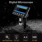 Digital Microscope Stereo Microscope Photo and Video with 4.3-inch 1080P Screen 1000X Magnification Zoom 8pcs LED Lights