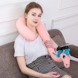 2 In 1 Travel Cartoon Animal Plush U-Shaped Neck Pillow with Mobile Phone Holder Q1QD