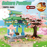 City Street View Sakura Inari Shrine Building Blocks Friends Cherry Blossom Creator House Tree Construct Brick Toys for Children