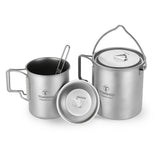 TOMSHOO Titanium Tableware Set 750ml Pot 450ml Water Cup Mug with Lid Folding Spork for Outdoor Camping Hiking Backpacking