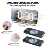 Digital Alarm Clock Electronic Smart Large LED Display Mirror Snooze Time Table Desk 2 USB Charger Ports for Iphone Android