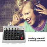 Muslady MIX-400 6-Channel Audio Mixer Mixing Console 3-Band EQ with Reverb Delay Effects +48V Phantom Power Wireless Connect