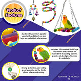 10 Pack Bird Cage Toys for Parrots Reliable &amp; Chewable - Swing Hanging Chewing Bite Bridge Wooden Beads Ball Bell Toys.