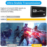Audio Video Capture Card, 4K USB 3.0 Capture Adapter Video Converter for Gaming Streaming Live Broadcast Video Recording