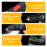 21V Cordless Electric Drill 3/8 Inch Chuck Power Drill&amp;Screwdriver with Battery Level Indicator LED Work Light 2-variable Speed