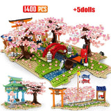 City Street View Sakura Inari Shrine Building Blocks Friends Cherry Blossom Creator House Tree Construct Brick Toys for Children