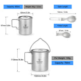 TOMSHOO Titanium Tableware Set 750ml Pot 450ml Water Cup Mug with Lid Folding Spork for Outdoor Camping Hiking Backpacking