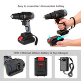 21V Cordless Electric Drill 3/8 Inch Chuck Power Drill&amp;Screwdriver with Battery Level Indicator LED Work Light 2-variable Speed