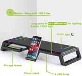 Monitor Stand Riser Foldable, RGB Computer Monitor Riser with 4Pcs USB Port, Foldable Monitor Stand with Drawer Storage