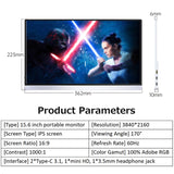 15.6 inch Portable Monitor IPS Screen 3840*2160 Resolution 170° Viewing Angle 60Hz Refresh Rate Wide Compatibility Silver