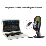 RGB Condenser Microphone Cardioid USB Mic Colorful Lighting Effect One-Button Mute Real-time Monitoring with Desktop Mic Stand