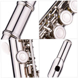 16 Holes C Key Western Concert Flute Nickel Plated Cupronickel Woodwind Instrument with Cleaning Cloth Stick Gloves Padded Bag