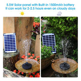 5.5 W Solar Fountain 1500 Mah Batterysolar Pond Pump Water Pump Solar Floating Fountain Pump with 6 Fountain Styles for Garden