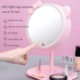 Espelho de maquiagem de gato rosa com espelhos led espelho de pé espelho de mesa de luz ajustável espelho de vaidade de tela de