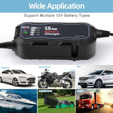 1500mA Motorcycle Battery Charger Automatic Smart Battery Charging Tool Maintainer for Car/RV/ATV/Boat Trickle Charger with LED