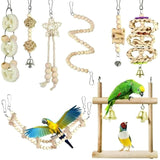 8pcs Bird Parrot Swing Hanging Toy Natural Wood Bell Bird Cage Bird Toys For Parrots Parakeets Cockatiels Finches Budgie 8 Pack