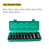 1/2Inch Drive Hex Impact Socket Set 10-Piece Deep Socket Metric Sizes 10-24mm Carbon Steel with Hard Storage Box