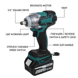 288V 1/2'' 800NM Cordless Electric Impact Wrench Gun Driver Li-ion 1/2 Battery AC 110-240V One Battery and One Charge Power Tool