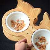 Pets Ceramic Double Bowl Dog Cat Food Water Feeder Stand Raised Ceramic Dish Bowl Wooden Dining Table Pet Supplies
