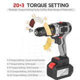 Cordless Drill Driver 21V 6.0A Battery 1/2 Inch Metal Keyless Chuck 20+3 Position 0-1550RMP Variable Speed Impact Hammer Drill