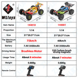 WLtoys 144010 144001 75KM/H 2.4G RC Car Brushless 4WD Electric High Speed Off-Road Remote Control Drift Toy with 3000mAH Battery